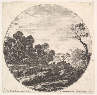 6. tábla: tehenek átkelnek egy völgyön balra, egy facsoport balra, egy lovas és o..., kb. 1643-48. alkotó: Stefano della Bella