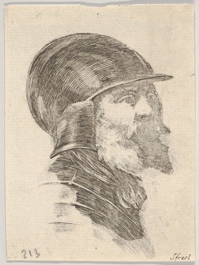 6. tábla: egy sisakot viselő, szakállas idős katona feje jobbra néz, a Various Heads...-ből, 1650. alkotó: Stefano della Bella
