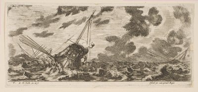 6. tábla: három hajó egy viharban, a Various Embarkations Divers rakpartokról, kb. 1646-47. alkotó: Stefano della Bella