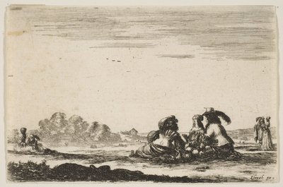 7. tábla: Két nemes ül középen, hátulról nézve, egy nemesi tengerrel beszélgetnek..., 1642. alkotó: Stefano della Bella