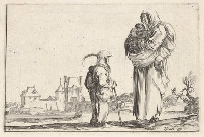 7. tábla: egy parasztasszony, aki jobbra egy gyermeket cipel, egy másik gyerekkel beszél, aki áll..., kb. 1642. alkotó: Stefano della Bella