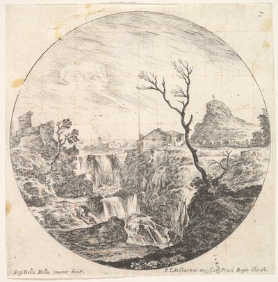 7. tábla: egy hármas vízesés, egy halott fa jobbra, egy hegy és egy tehéncsorda a..., kb. 1643-48. alkotó: Stefano della Bella