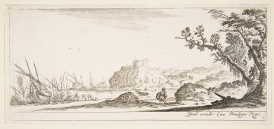 7. tábla: különböző csónakok a parton balra, egy férfi táskát cipelő, hátulról nézve és wa..., kb. 1641. alkotó: Stefano della Bella