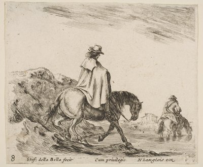 8. tábla: egy lovas ereszkedik le a folyóparton, egy másik lovas a folyóban jobbra, ...-tól kb. 1644-47. alkotó: Stefano della Bella