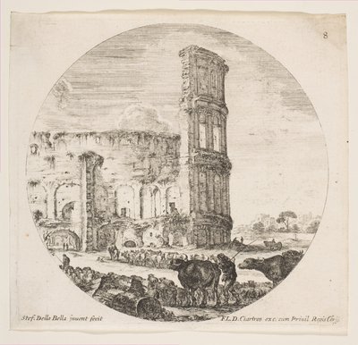 8. tábla: a Colosseum, két csorda az előtérben lévő amfiteátrum felé irányítva..., kb. 1646. alkotó: Stefano della Bella