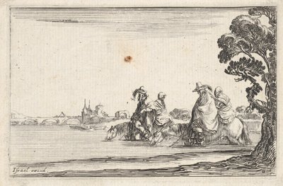 8. tábla: jobbra két kalapos lovas, mögöttük egy-egy nő ül..., kb. 1642. alkotó: Stefano della Bella