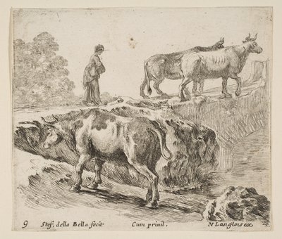 9. tábla: tehén felfelé a parton, parasztasszony két tehenet átvezetve egy hídon i..., kb. 1644-47. alkotó: Stefano della Bella