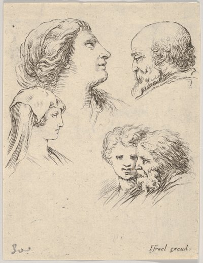 9. tábla: öt fej, balra két fiatal nő, jobbra fent egy szakállas férfi, egy fiatal nő..., kb. 1649. alkotó: Stefano della Bella