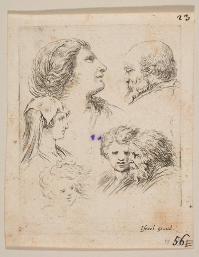 9. tábla: öt fej, balra két fiatal nő, jobbra fent egy szakállas férfi, egy fiatal nő..., kb. 1649. alkotó: Stefano della Bella