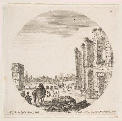 9. tábla: bal oldalon Konstantin íve, jobb oldalon a Colosseum egy része, különféle hors..., kb. 1646. alkotó: Stefano della Bella
