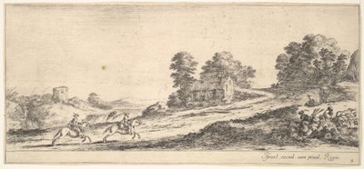 9. tábla: bal oldalon két lovas vágtat felfelé jobbra, egy ló és ülő m..., kb. 1641. alkotó: Stefano della Bella