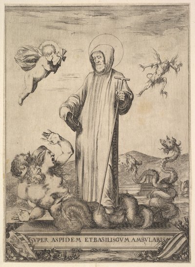 Saint Jean Gualbert egy szörnyet tapos, két emberfejjel és kígyótesttel, egy légy..., 1640. alkotó: Stefano della Bella