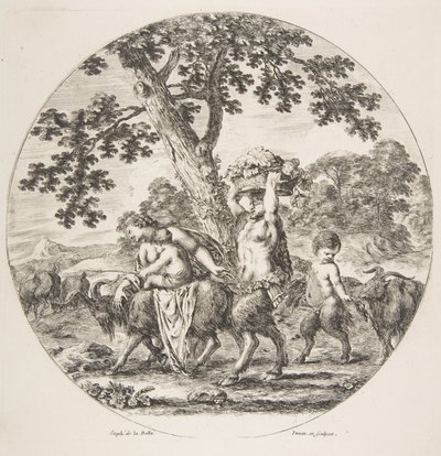 Szatír család balra sétál két kecskével és egy kosár szőlővel, kb. 1657. alkotó: Stefano della Bella