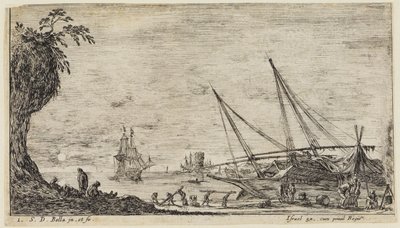 Tengeri tájképek (Paysages maritimes): Tengeri kikötő tengerészekkel és munkásokkal, akik rönköket szállítanak alkotó: Stefano della Bella