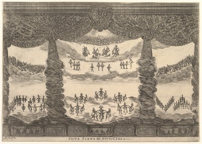 Hatodik jelenet, az egek, Az istenek házassága Le nozze degli Dei, 1637-ből. alkotó: Stefano della Bella