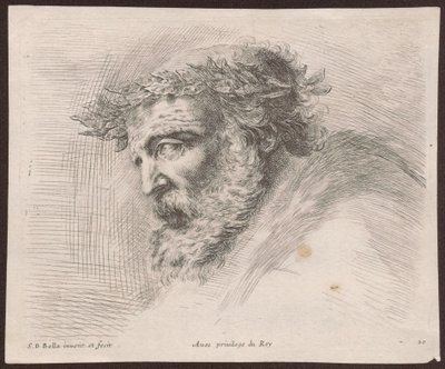 A babérkoszorús, szakállas öregember fejének tanulmánya, profilból, balra fordulva, a „Principii del disegno” ciklusból alkotó: Stefano della Bella