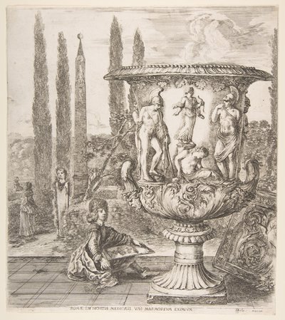 A Medici-váza, jobbra egy nagy váza, amelyet... 1656-os áldozati ábrázolás díszít. alkotó: Stefano della Bella