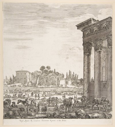 Jobbra az Antoninus-templom oszlopai, középen a Campo Vaccino egy része és..., 1656. alkotó: Stefano della Bella