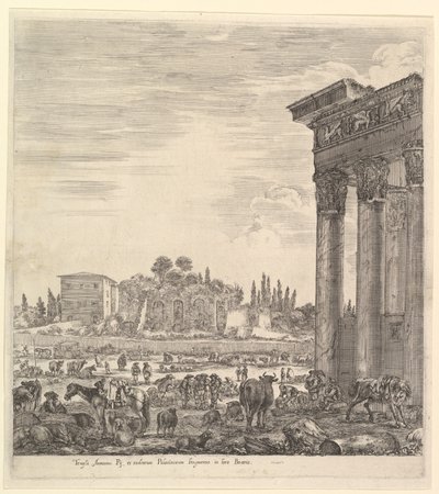 Jobbra az Antoninus-templom oszlopai, középen a Campo Vaccino egy része és..., 1656. alkotó: Stefano della Bella