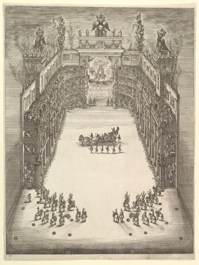 Modenai Színház felülről nézve, tele nézőkkel, diadalmas autóval a cen..., 1652. alkotó: Stefano della Bella