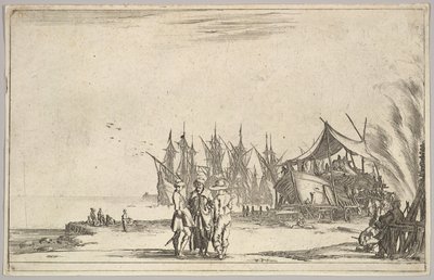 Középen három kalapos férfi áll, jobbra egy hajót rögzítő férfiak, öt hajó és vari..., 1639. alkotó: Stefano della Bella