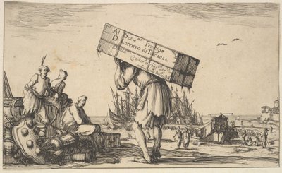 Címlap: középen egy férfi, aki hátán tokot cipel, három férfi néz feléje ..., 1639. alkotó: Stefano della Bella