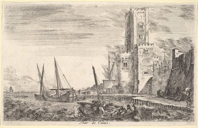 Calais tornya Tour de Calais, torony jobbra, két hajó a tengerben balra és cent..., 1647. alkotó: Stefano della Bella