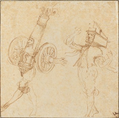 Két férfi álarcos jelmezben: Egy ágyúsütés és egy macska egérfogóban c. 1645. alkotó: Stefano della Bella
