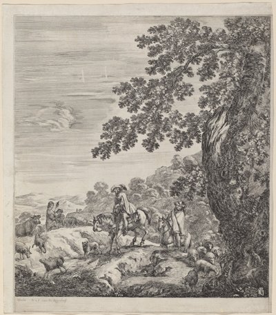 Két lovas elhalad egy állatcsorda mellett, 1656. alkotó: Stefano della Bella