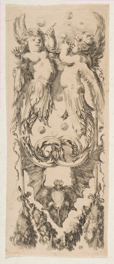 Két szárnyas gyermek, akiknek teste díszes buborékokká változik, kb. 1653. alkotó: Stefano della Bella