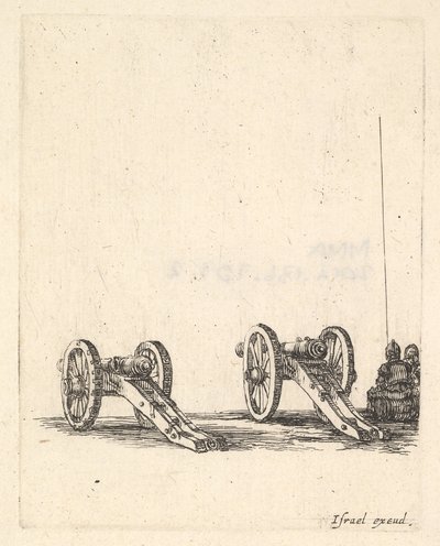 Két ágyú, két katona hátulról jobbra ülve, a „Felszerelés in..., kb. 1638-43. alkotó: Stefano della Bella