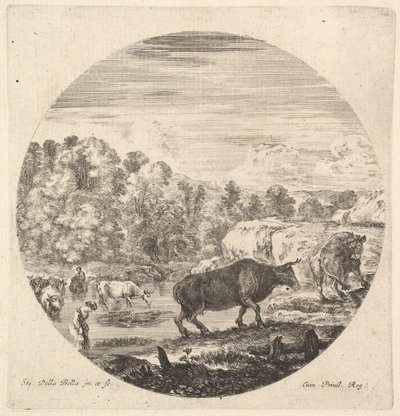 Két tehén a közepén, majd két parasztasszony és más tehenek a folyóban le..., kb. 1643-48. alkotó: Stefano della Bella