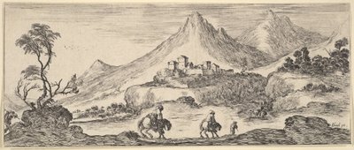 Két lovas ereszkedik le egy dombról középen, egy másik gyalogos embert követve, egy kastély a ..., kb. 1641. alkotó: Stefano della Bella