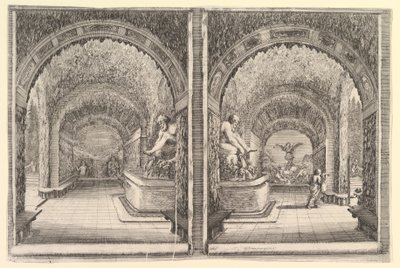 Két kilátás egy barlangra, mindkét kilátás egy szökőkúttal ülő szoborral, a ..., kb. 1653. alkotó: Stefano della Bella