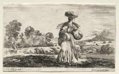 Különféle figurák és tájak: Parasztasszony, aki kosarat cipel a fején, 1649. alkotó: Stefano della Bella