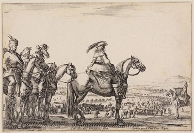 Különböző alakok (Varie figure): Menetelő hadsereg a síkságon. Az előtérben, a dombon a parancsnok és kísérői, jobbra a trombitás alkotó: Stefano della Bella