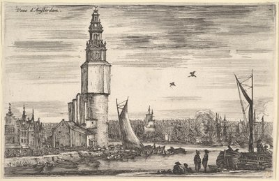 Kilátás Amsterdam Vu Amsterdamra, egy torony és a házak balra, férfiak állnak a mólón ..., 1647. alkotó: Stefano della Bella