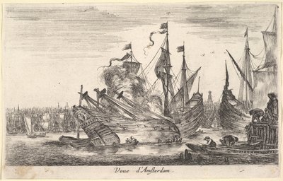 Kilátás az amszterdami Veue dAmsterdam tengeri kikötőre, férfiak csónakban dolgoznak egy hajón a központban..., 1647. alkotó: Stefano della Bella