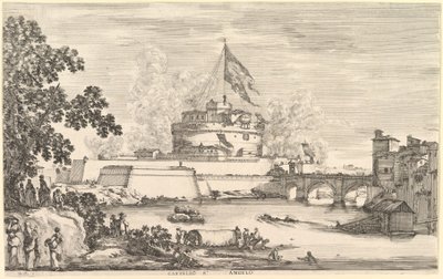 Kilátás a Tiberis folyóra, egy nagy fa balra, két csoport nő balra..., kb. 1656. alkotó: Stefano della Bella