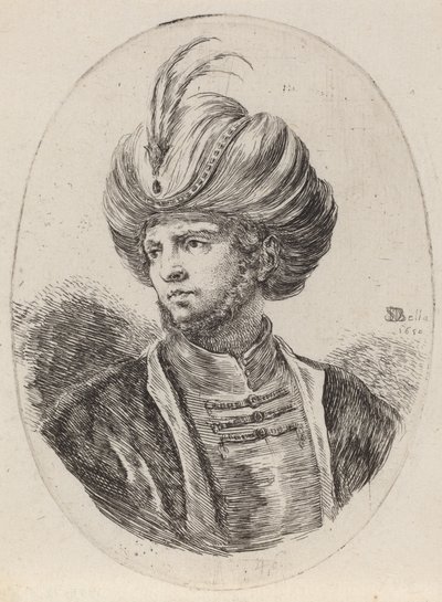 Fiatal mór enyhe szakállal és tollas turbánnal, balra fordulva, 1650. alkotó: Stefano della Bella