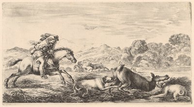 Két kutya földre kényszerít egy szarvastehén alkotó: Stefano della Bella