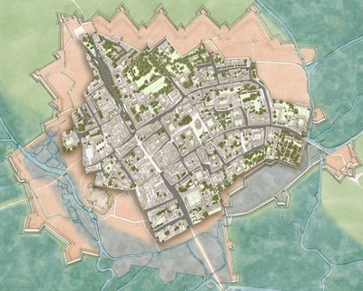 Modern Oxford a polgárháborús védművek felett, 1644-1646 körül (tus, akvarell, digitális szerkesztés) alkotó: Stephen Conlin