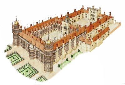 Nonsuch palota, Surrey, 1540-1600 körül (tinta és akvarell) alkotó: Stephen Conlin