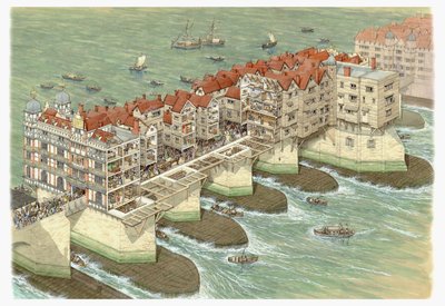 Old London Bridge (középső rész), 1580-1600 körül (tus és akvarell) alkotó: Stephen Conlin