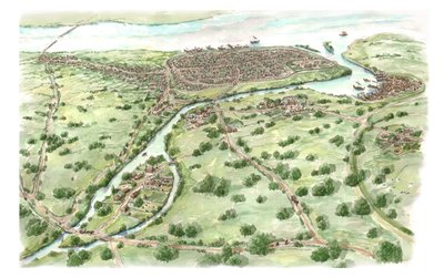 Szent Patrik templom és a viking Dublin 1000 körül (rajz 2018), 980-1000 körül (tinta és akvarell) alkotó: Stephen Conlin