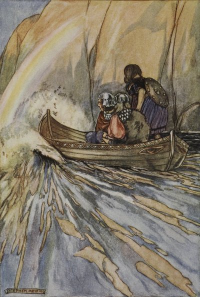 „Vigyél minket gyorsan, Mananan csónakja a Heszperidesek kertjébe, illusztráció a „Finn nagy tettei és az ókori Írország egyéb bard romantikája” című könyvéből, T.W. Rolleston (színes litó) alkotó: Stephen Reid