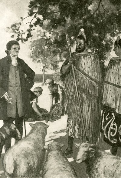 Cook kapitány megnyerte a bennszülöttek tetszését (litho) alkotó: Stephen Reid