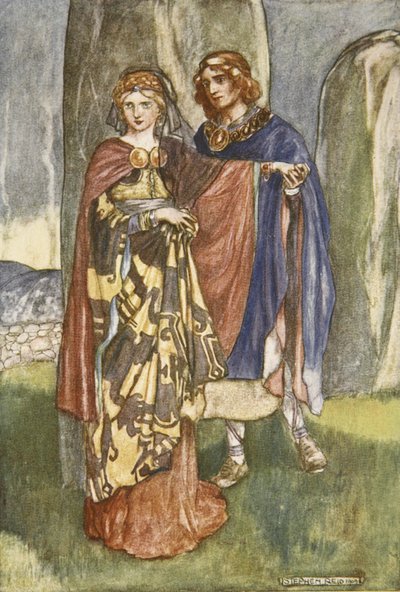 Cuchulain beszélget Emerrel, illusztráció a „Cuchulain, The Hound of Ulster” című művéből, Eleanor Hull (1860-1935) alkotó: Stephen Reid