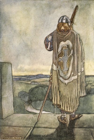 Finn messziről hallotta a tündérhárfa első hangjait, T.W. „The High Deeds of Finn and other Bardic Romances of Ancient Ireland” című művének előlapját. Rolleston (színes litó) alkotó: Stephen Reid