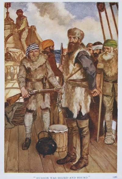 Hudsont lefoglalták és megkötözték. Illusztráció a „The Book of Discovery”-ből, T.C. Hidak, 1931-ben (színes litó) alkotó: Stephen Reid